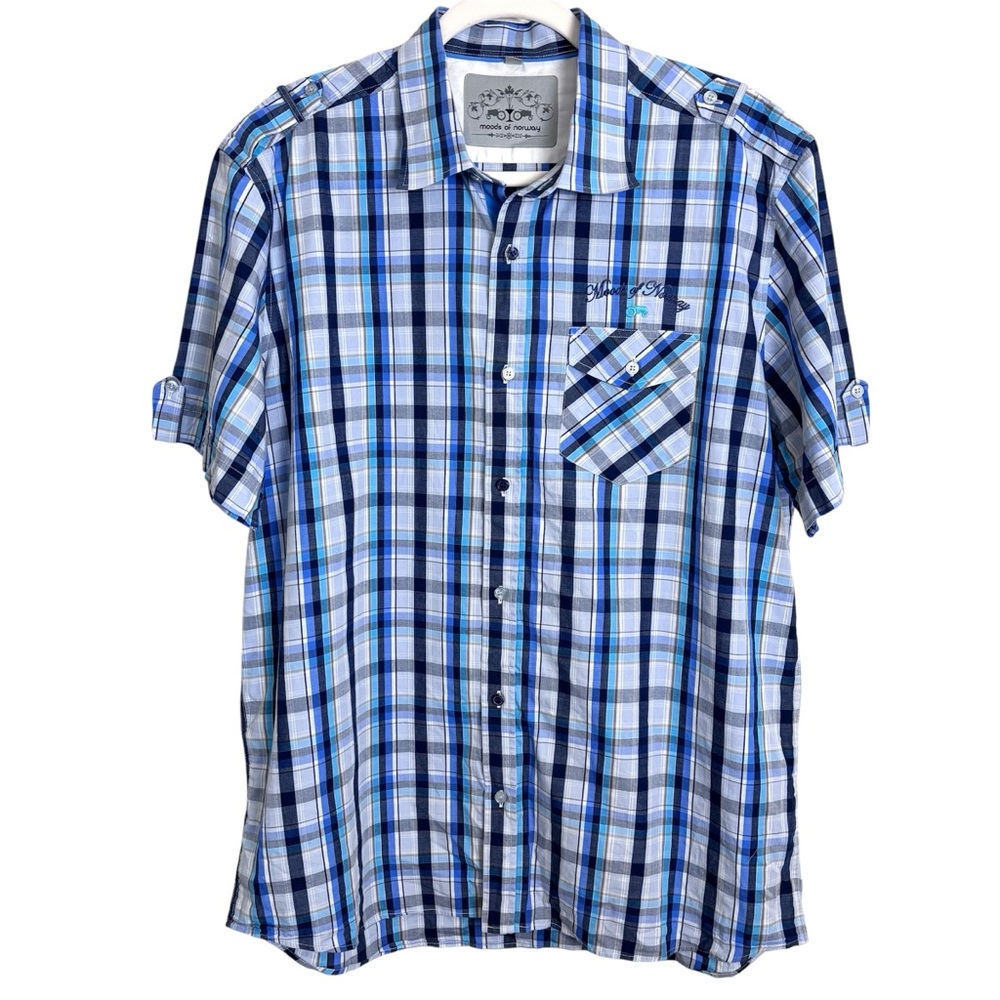 Moods of Norway Blue Plaid Short Sleeve Button Down Shirt Men’s XXL Casual